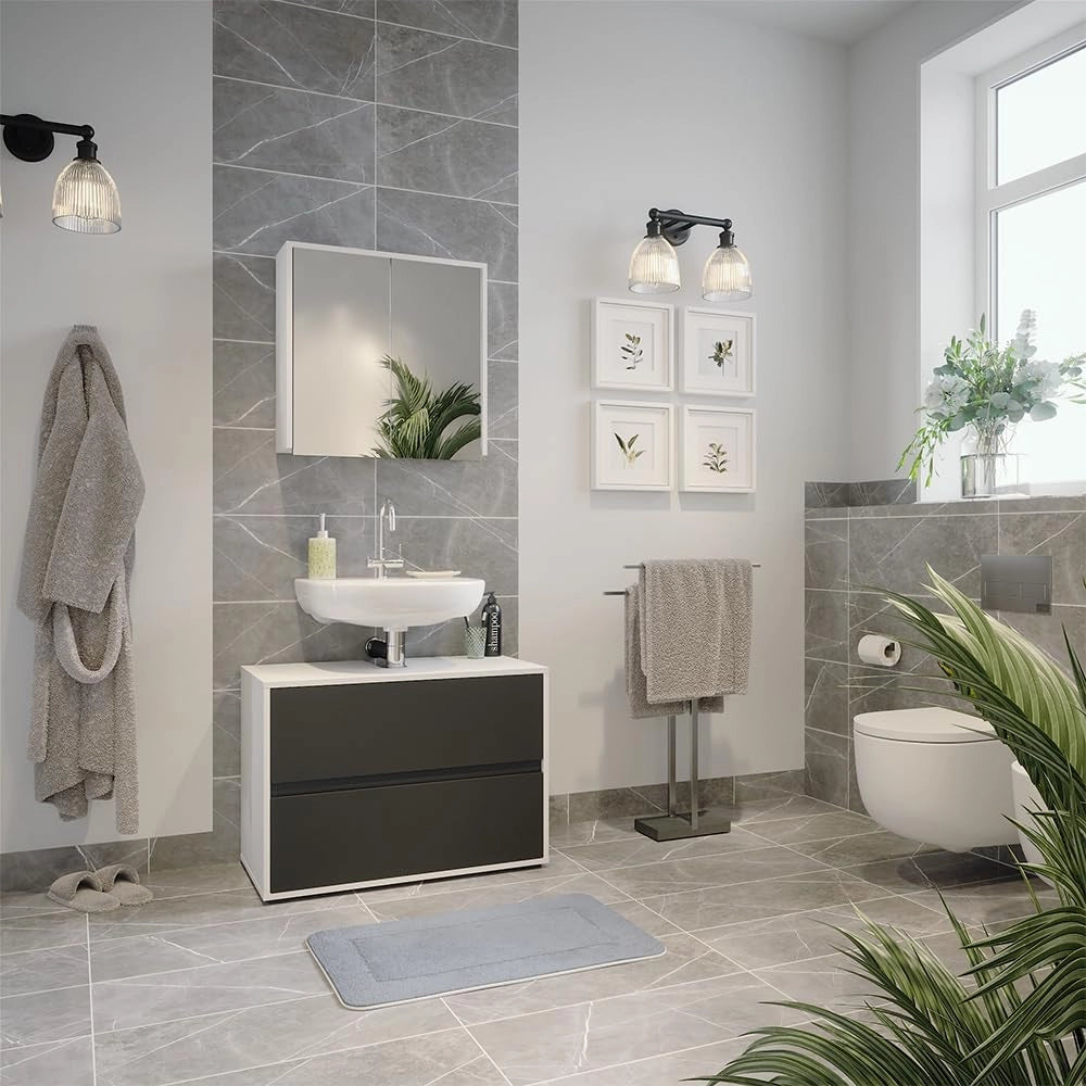 Set di mobili da bagno Maltin, Bianco/antracite, 80 cm, composto da specchio da bagno e mobile sottolavabo