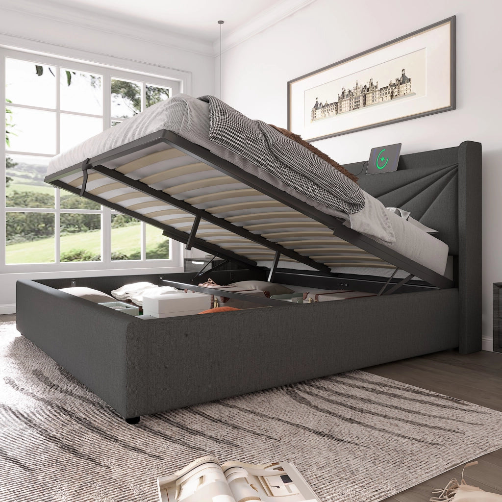 Letti contenitori 160x200 cm USB e Tipo C; cotone lino; grigio (Senza materasso)