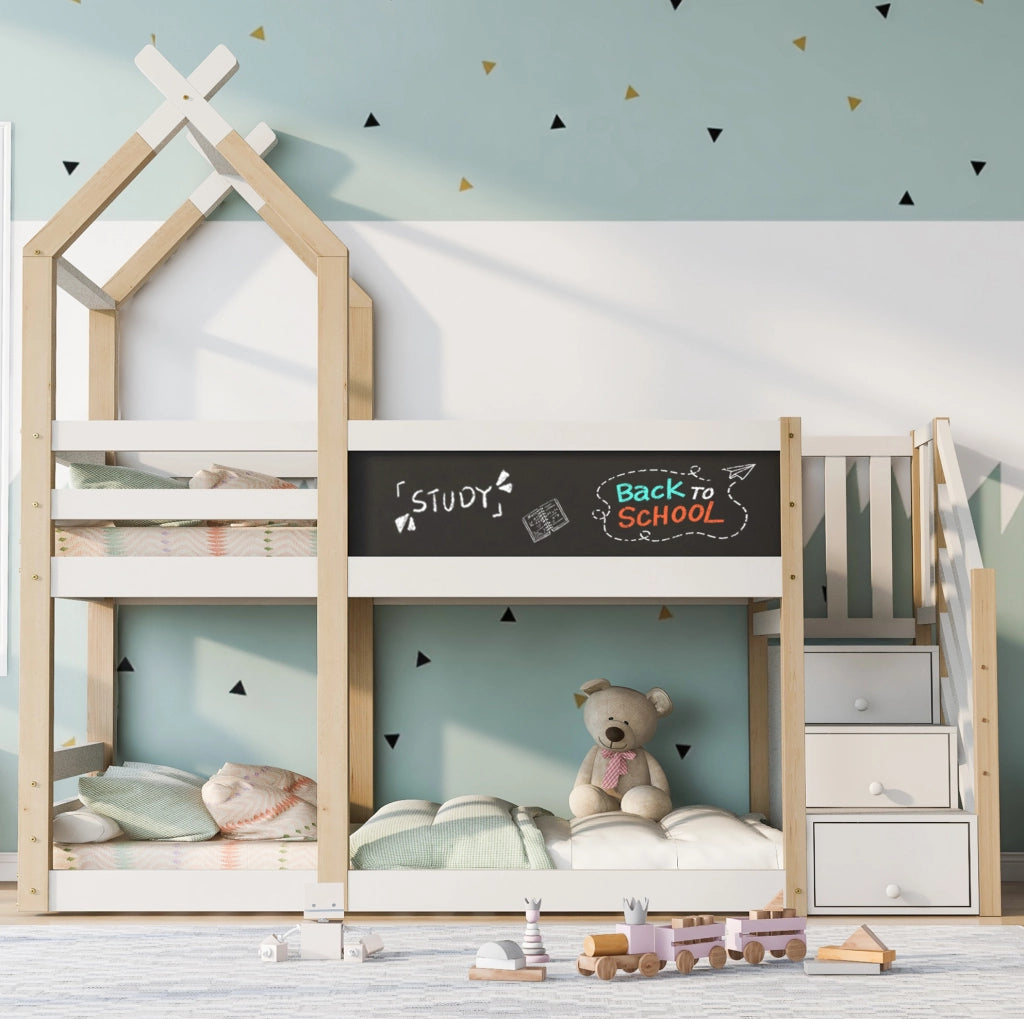 Letto a soppalco 90x200 cm con lavagna e scala contenitore in legno e MDF bianco