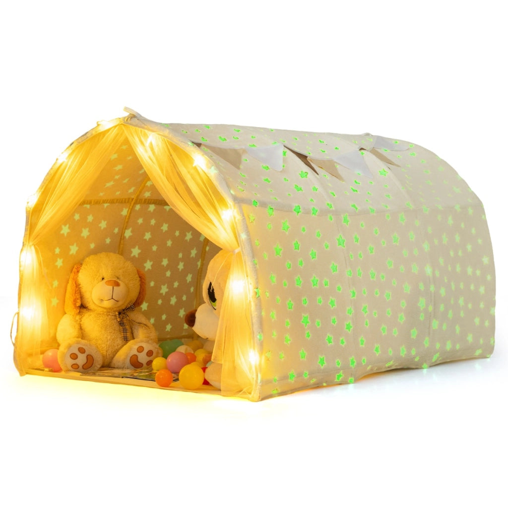 Tenda da gioco interna per letto a castello singolo con stelle luminose al buio, Tenda letto per bambini Beige