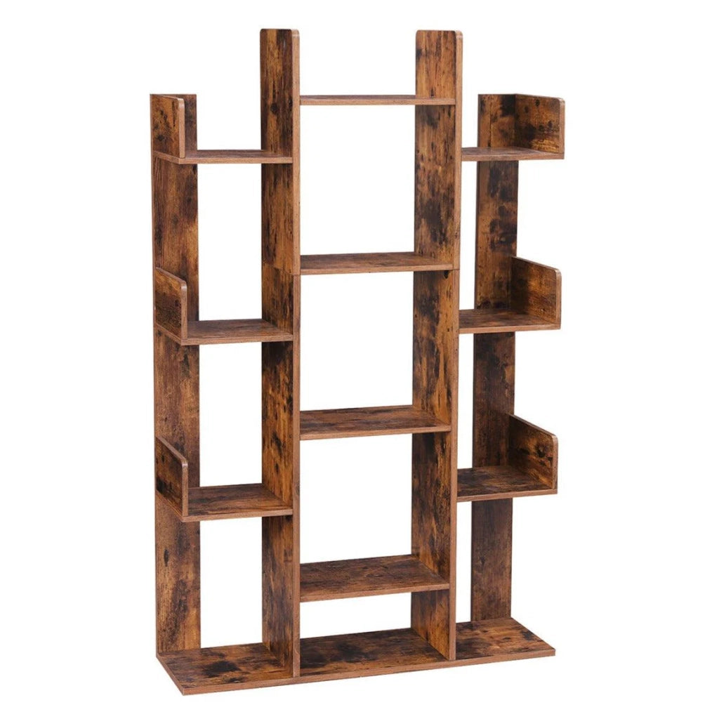 Libreria a forma di albero con 13 scomparti contenitore 86 x 25 x 140 cm con angoli arrotondati e bordi marrone rustico 12_0002827