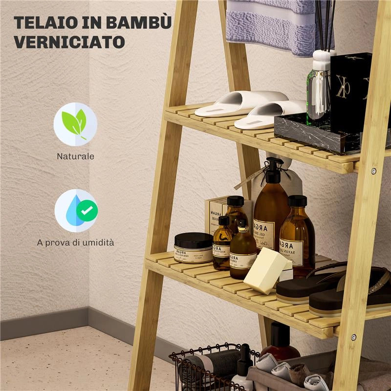 SCAFFALE BAGNO 3 RIPIANI CON PORTA ASCIUGAMANI A 3 BARRE AUTOPORTANTE E PIEGHEVOLE IN LEGNO DI BAMBÙ