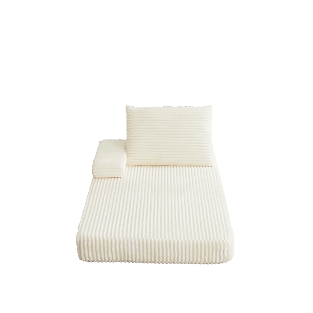 Divano modulare in velluto a coste beige con schienali e braccioli mobili