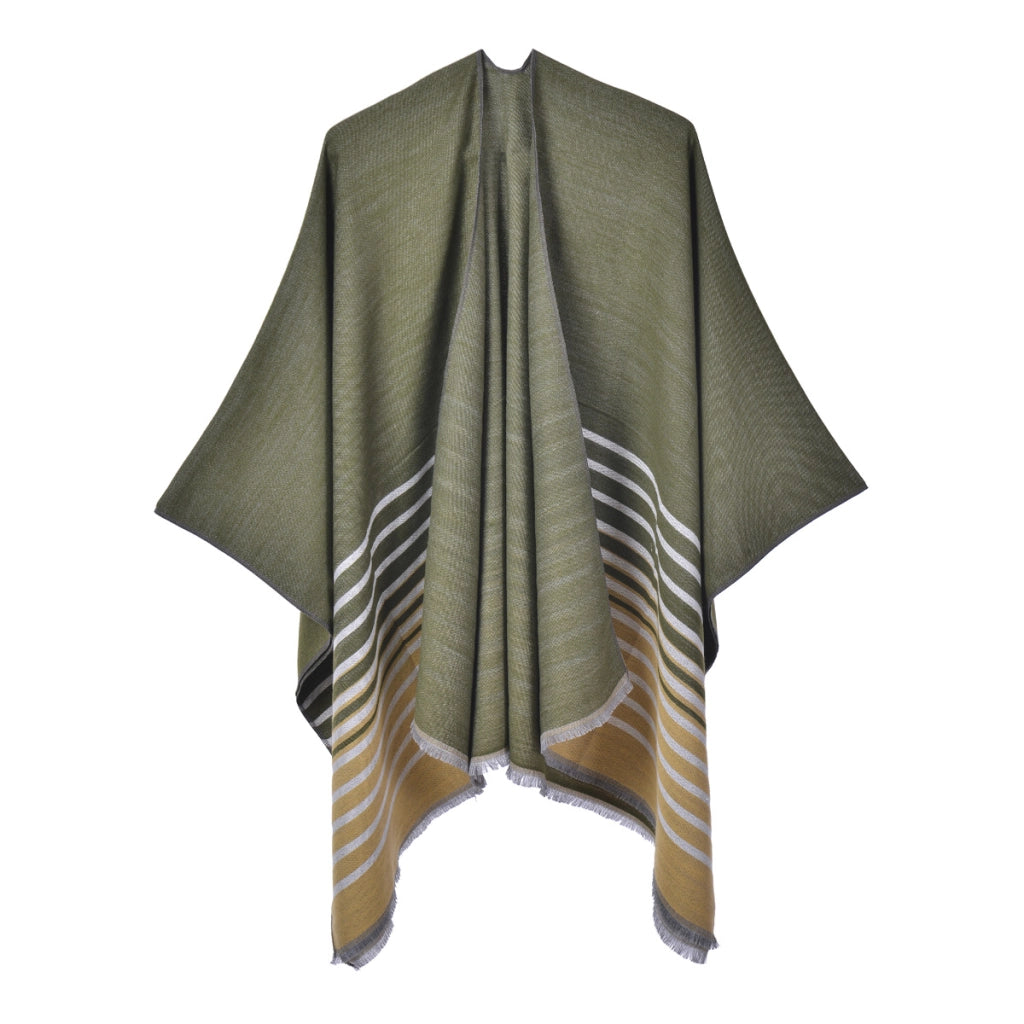 Mantella calda da donna reversibile in maglia con spacco e nappine.