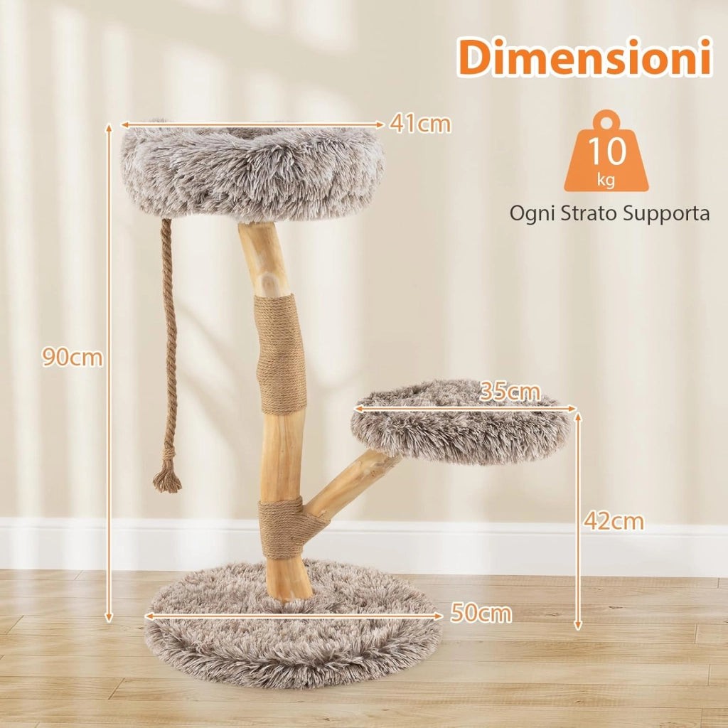 Albero per Gatti 90 cm, Torre Moderna in Legno con Piattaforme, Tiragraffi in Luta Naturale e Corda, Albero Tiragraffi per Animali Domestici
