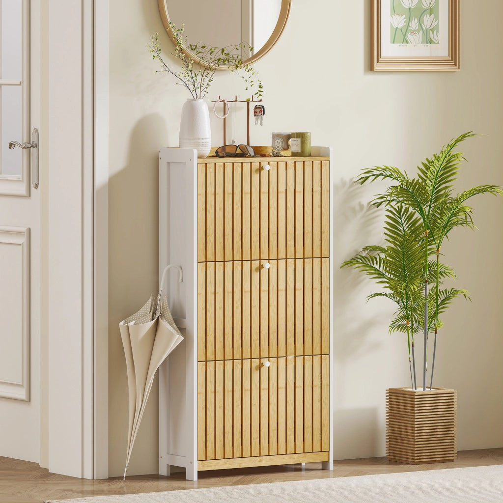 Scarpiera con cassetti e ante in bamb¨´ ¨C Zephmum ¨C Bianco e legno naturale 60x24x118cm