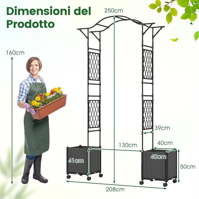 Arco da Giardino con 2 Fioriere Auto-irriganti e Ruote, Supporto per Piante in Metallo Rivestita PE Antiruggine, Grande Arco per Viti e Rose da Matrimonio all'Aperto (Grigio)