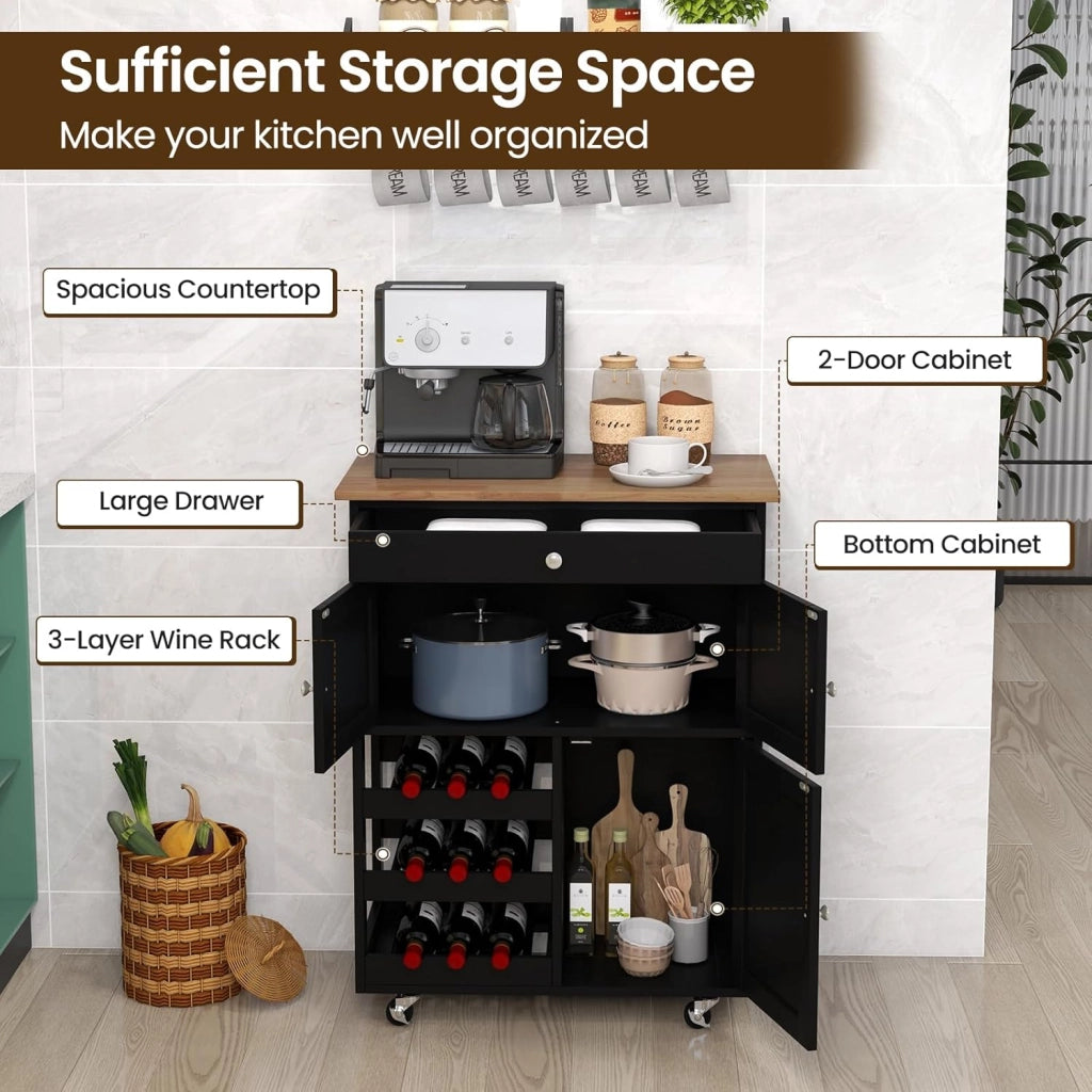 Carrello da Cucina Interno e Esterno, 1 Cassetto + 3 Ante + 3 Porta Vino, Credenza Mobile con 2 Ruote Bloccabili, Salvaspazio, Portata di 30 kg, 67x37x86 cm, 2 Colori (Nero)