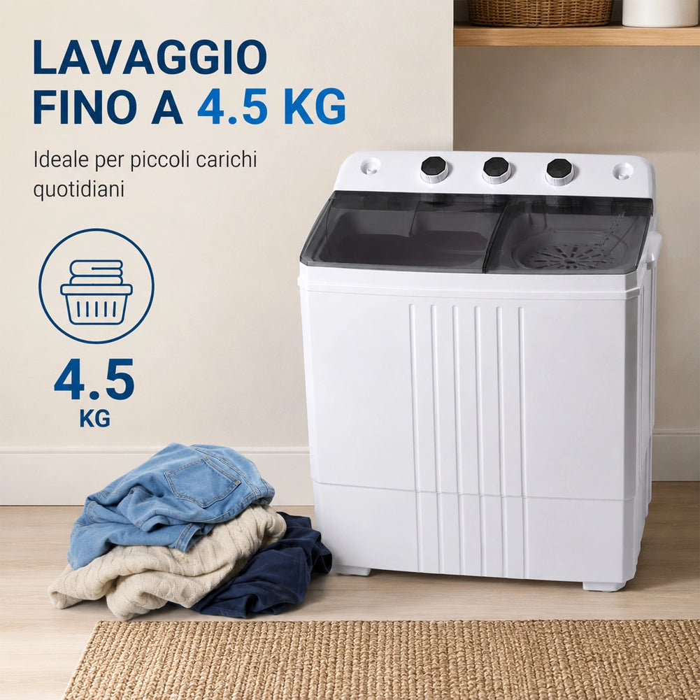 Lavatrice Compatta Semiautomatica 4.5Kg 260W con Centrifuga per Campeggio Viaggi