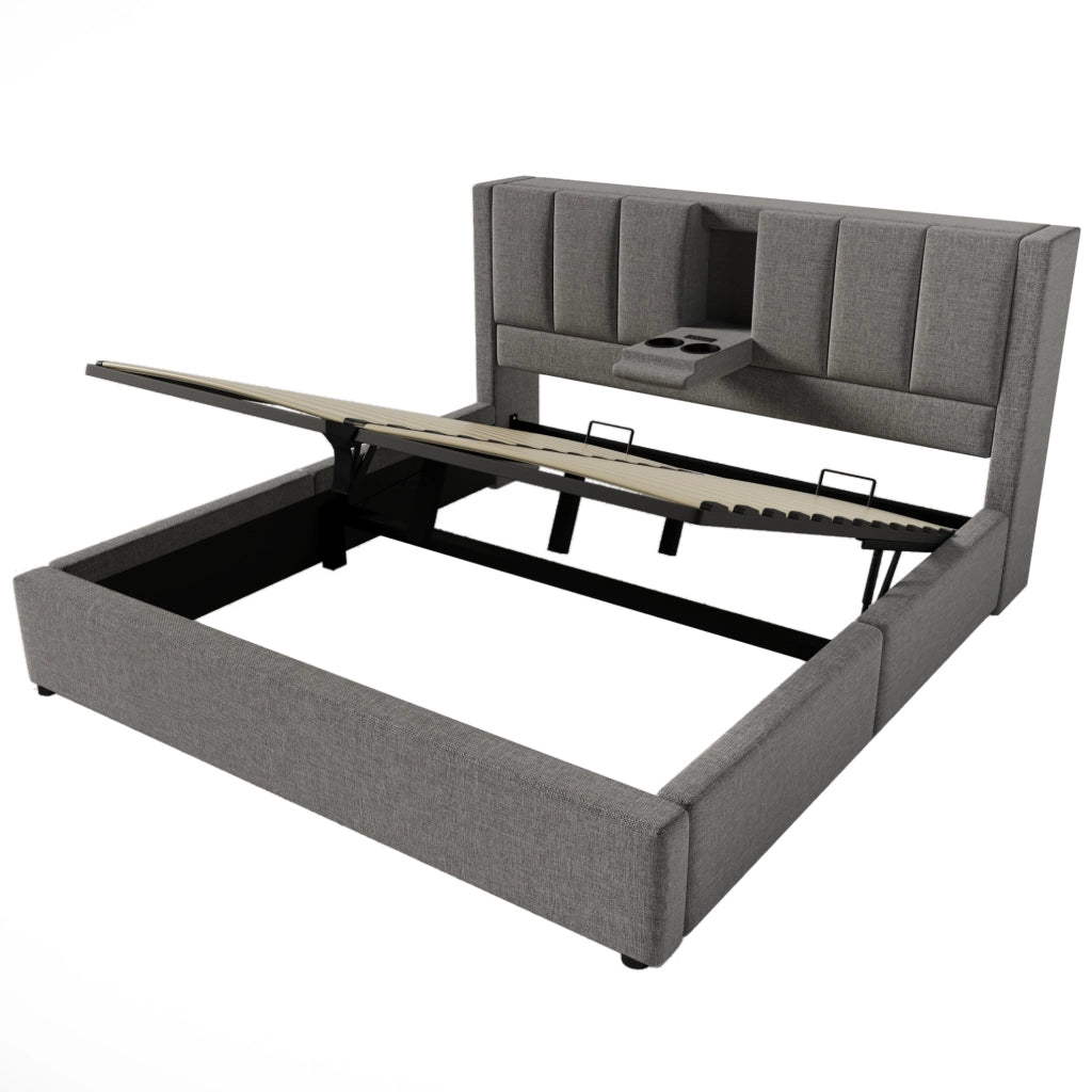 Letto matrimoniale imbottito 160x200 cm in lino grigio con materasso; contenitore e prese USB