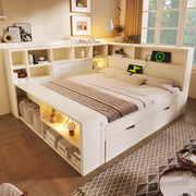 Letto in pino e truciolare 140x200 cm con letto estraibile; 8 vani e porte USB/Type-C; bianco