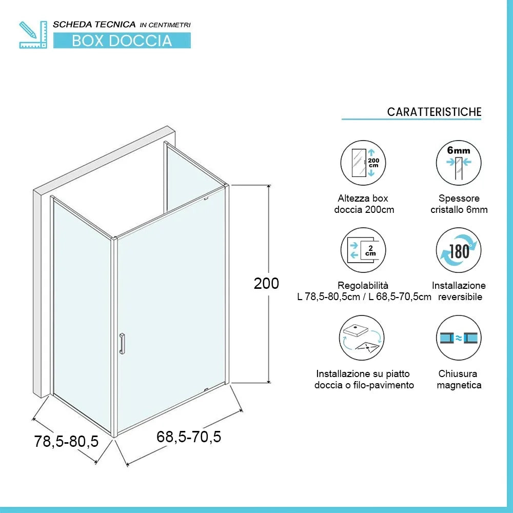 Box doccia 80x70x80 cm con porta a battente trasparente H 200 cm Ted
