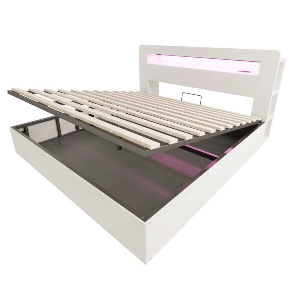 Letto matrimoniale contenitore 180x200 cm in legno bianco con LED; prese e testiera con ripiani