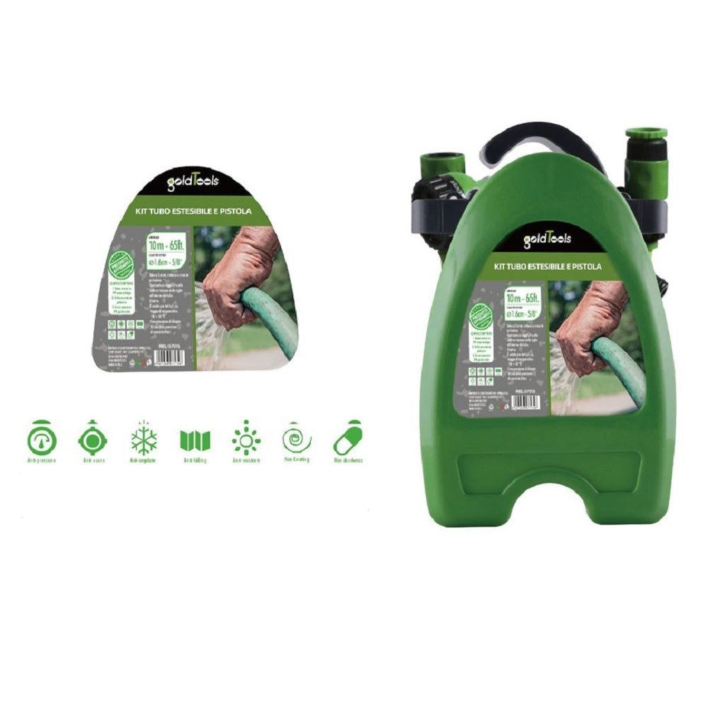 Trade Shop - Kit Tubo Estensibile Avvolgibile Pistola Irrigazione Giardino 10mt Staffa 57515 -
