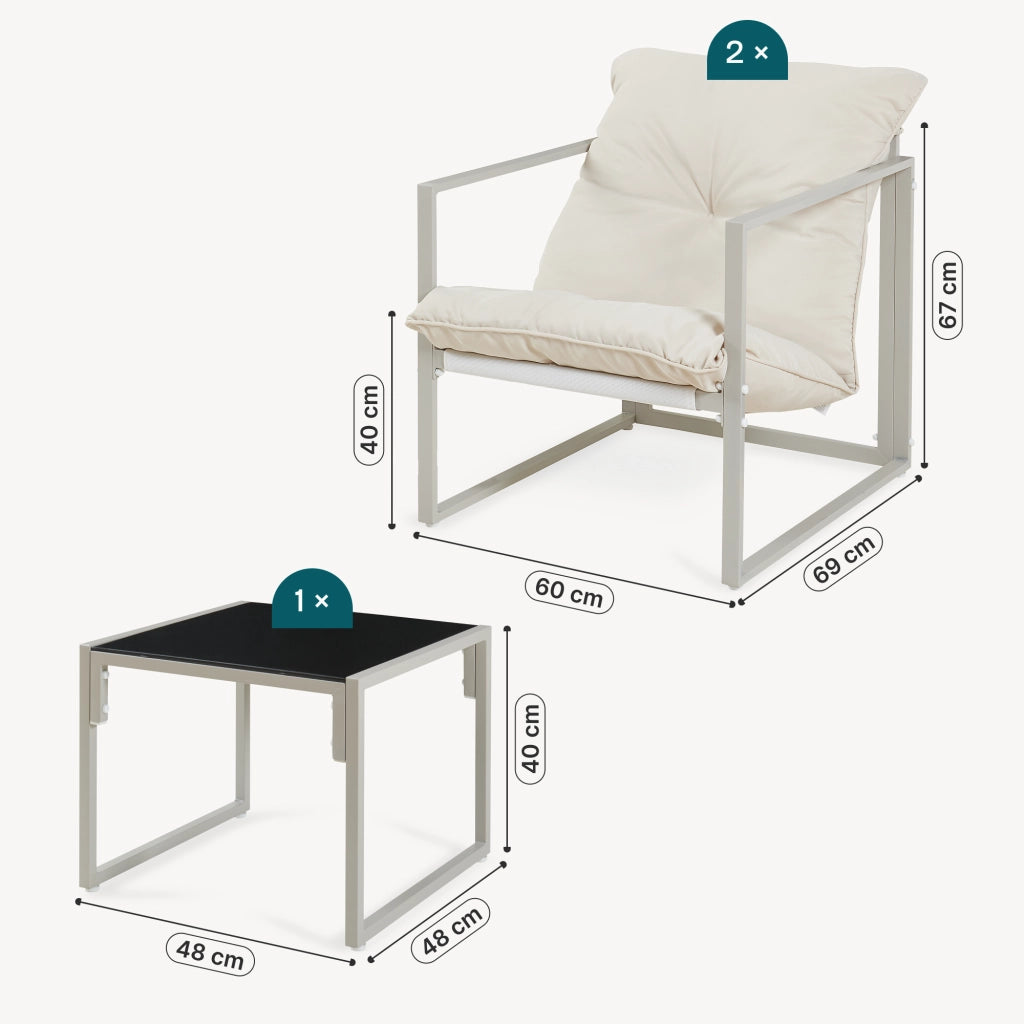 Set Salottino da Giardino Karg di 3 Mobili Tavolino con Piano in Vetro e 2 Poltrone - Beige casa.pro