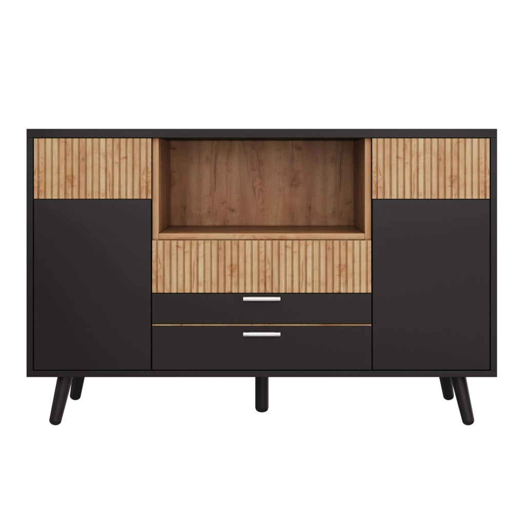 Credenza 130x38x85 cm in MDF naturale e nero con 4 cassetti e LED RGB
