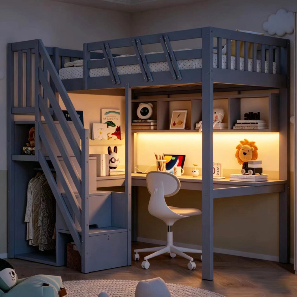 Letto a soppalco per bambini 90x200 cm con scrivania; LED e scala contenitore grigio