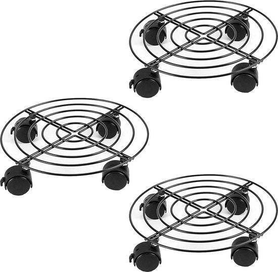 Cesto per piante in metallo con ruote - Dolly per fiori rotondi - Stand con ruote rotolanti - Trolley per vaso di piante - Casa interna esterna - Nero