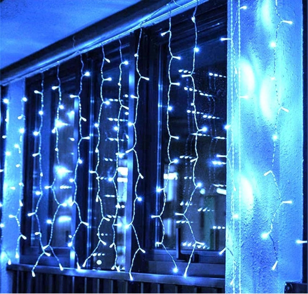 Tenda Luminosa con 240 LED lineare misura 6 metri larghezza e 0,80 cm discesa Natale Luce Blu fissa e Flash Bianco Freddo luci natalizie da esterno