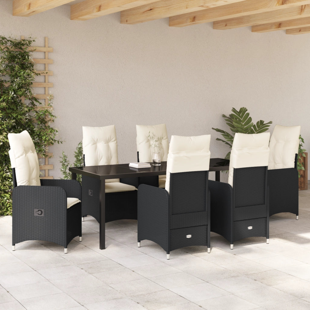 Set da Pranzo da Giardino 7 Pezzi con Cuscini in Polyrattan Nero
