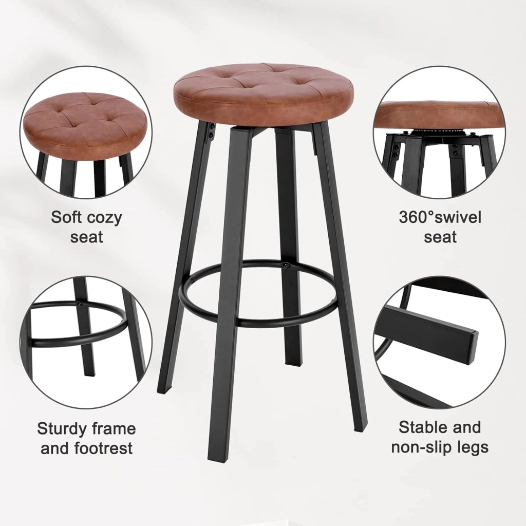 Set di 4 Sgabelli da Bar con 4 Gambe e Poggiapiedi, Sedie Alte da Cucina in Metallo e PU, con Seduta Rotonda Φ 35,5cm, Carico di 120kg, Marrone, BH330br-4