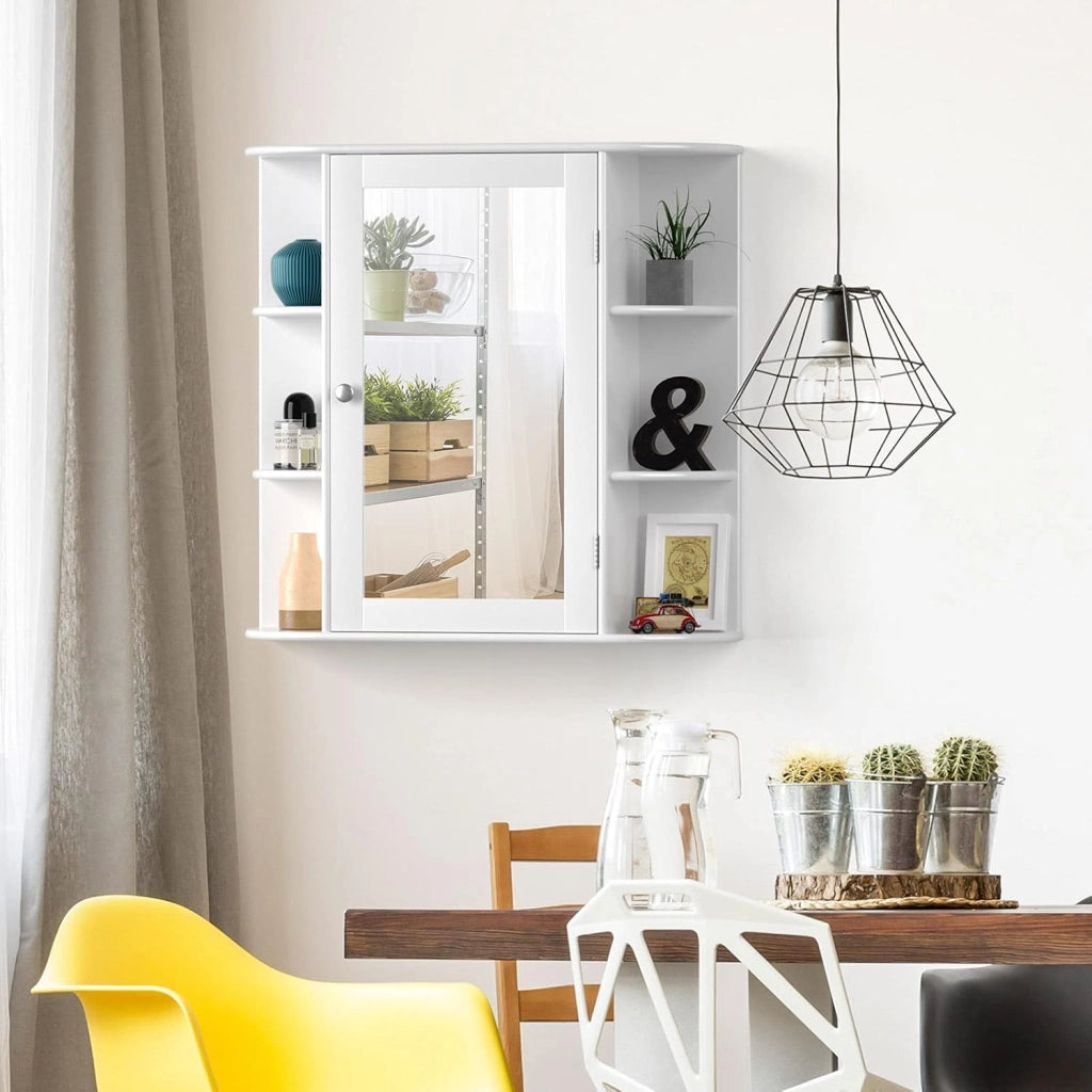 Armadietto Bagno a Parete, Mobiletto Pensile con Ante di Specchio, 6 Scomparti Laterali e 4 Ripiani di Stoccaggio, 3 Colori Disponibili, 66x16,5x63cm (Bianco)