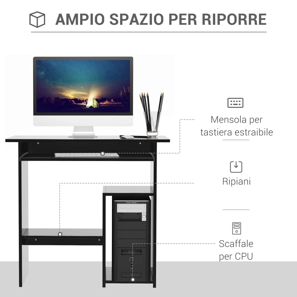 Scrivania PC Moderna in Legno con Ripiano per CPU e Spazio per Tastiera Estraibile, 80x45x75 cm, Nero