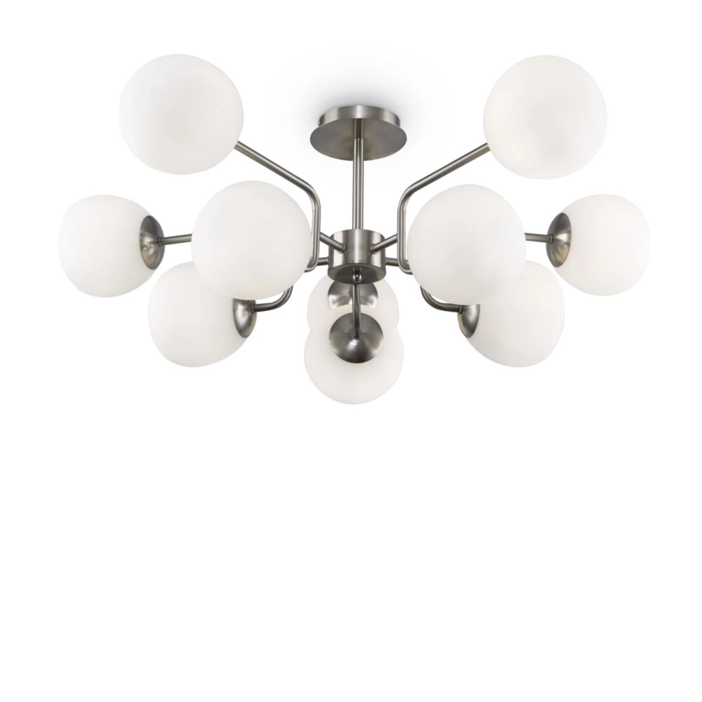 Lampadario Sospensione Erich Metallo Nichel 10 Luci E Diffusori Bianchi
