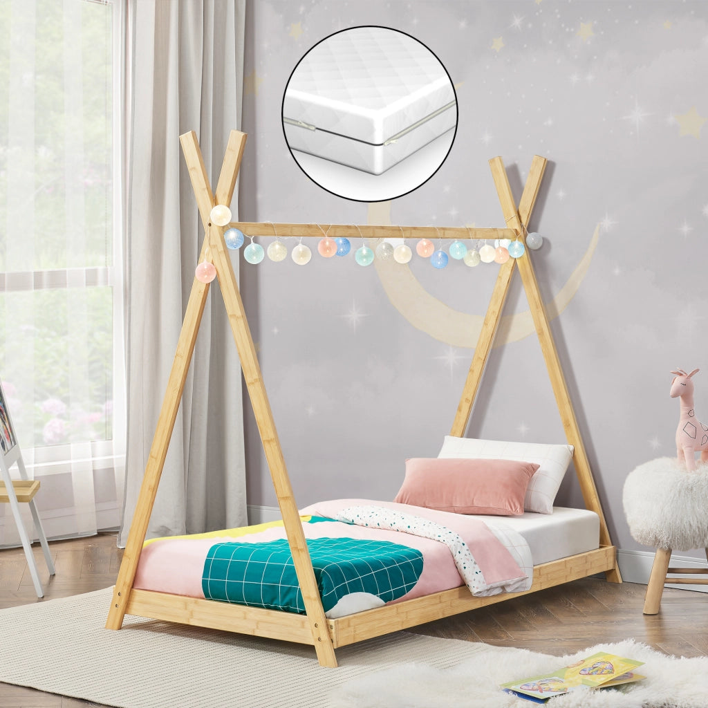 Letto 'Vimpeli' a Forma di Tenda Indiana con Materasso 70 x 140 cm Bambù Naturale [en.casa]