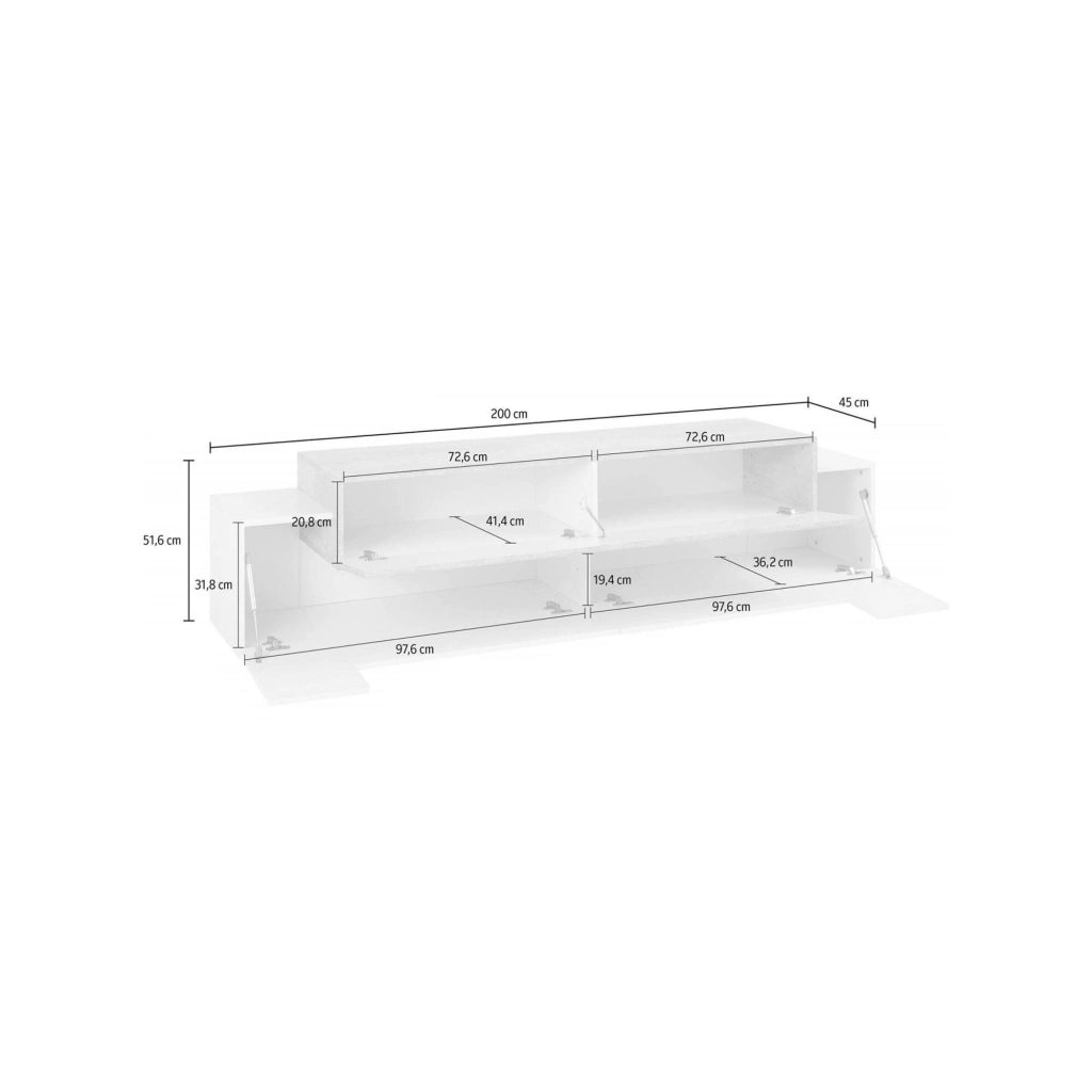 Mobile da soggiorno Porta Arold, Made in Italy, Supporto per Arold da salotto a 3 ante e ripiani, cm 200x45h52, Bianco lucido e Cemento