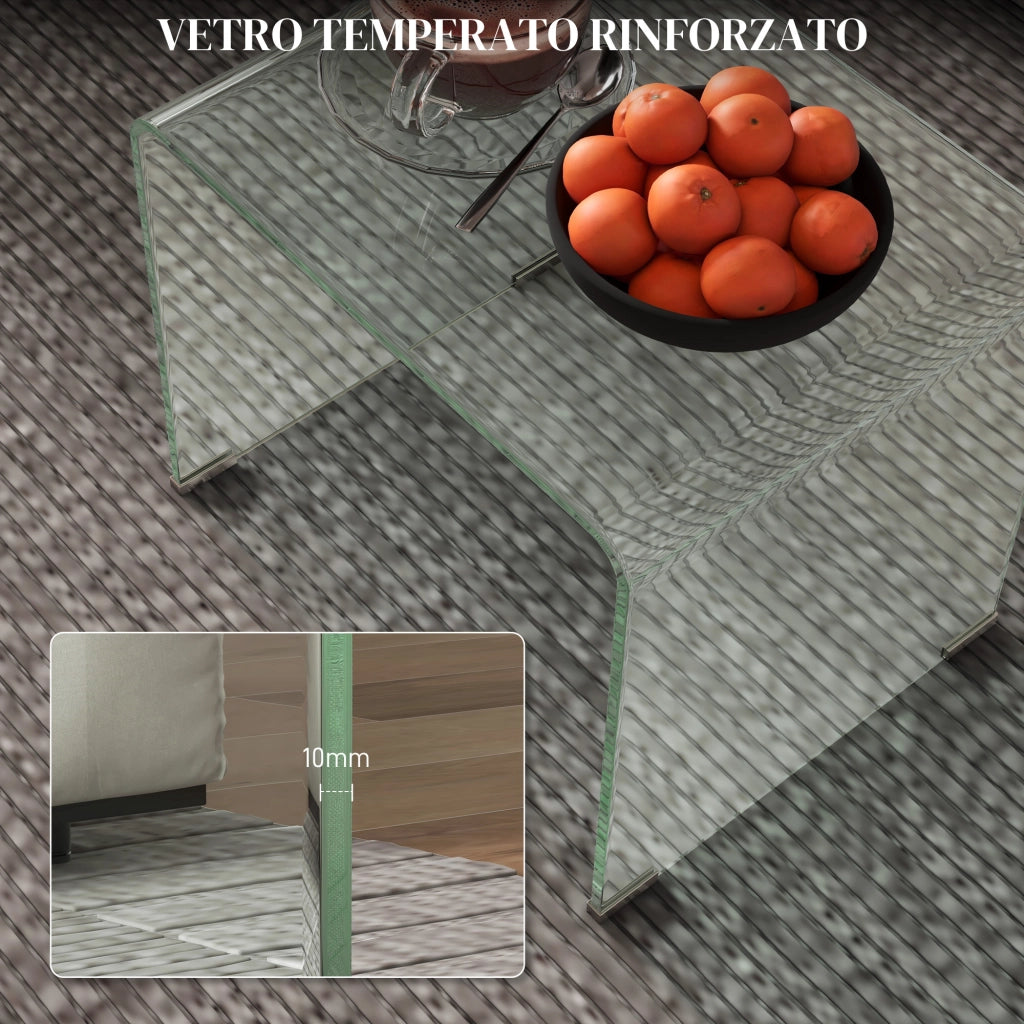 Tavolino in Vetro Temperato Moderno da Salotto con Design Monoblocco. 50x40x45 cm. Trasparente