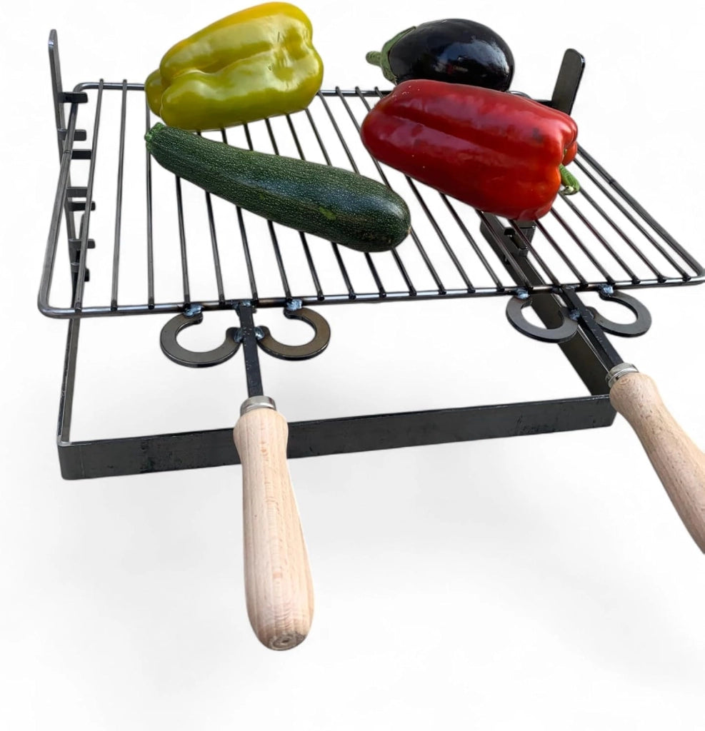 Griglia in ferro regolabile su più altezze, bistecchiera con manici in legno, per barbecue e camino per carne pesce verdure 40x36 cm