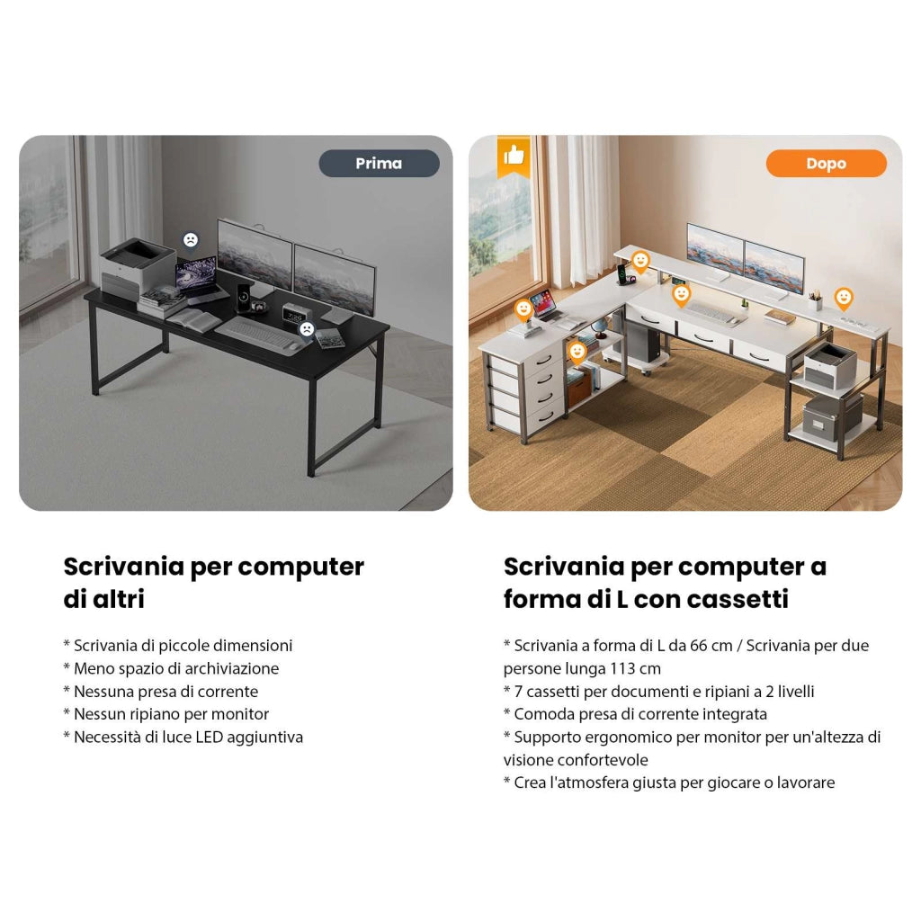Scrivania per computer a L, scrivania da gaming, con cassetti, prese di corrente integrate, luci d'atmosfera, nera