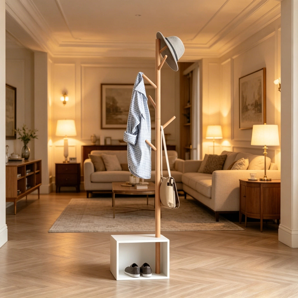 Mobile da ingresso con 6 ganci e panca contenitore; bianco e bambù; in MDF e legno di bambù