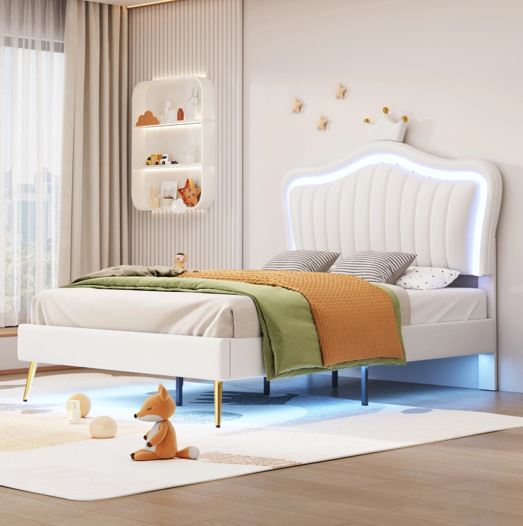 Letto imbottito 90x200 cm; 140x200 cm; testiera a conchiglia con LED; MDF ecopelle e metallo; bianco (Senza materasso)