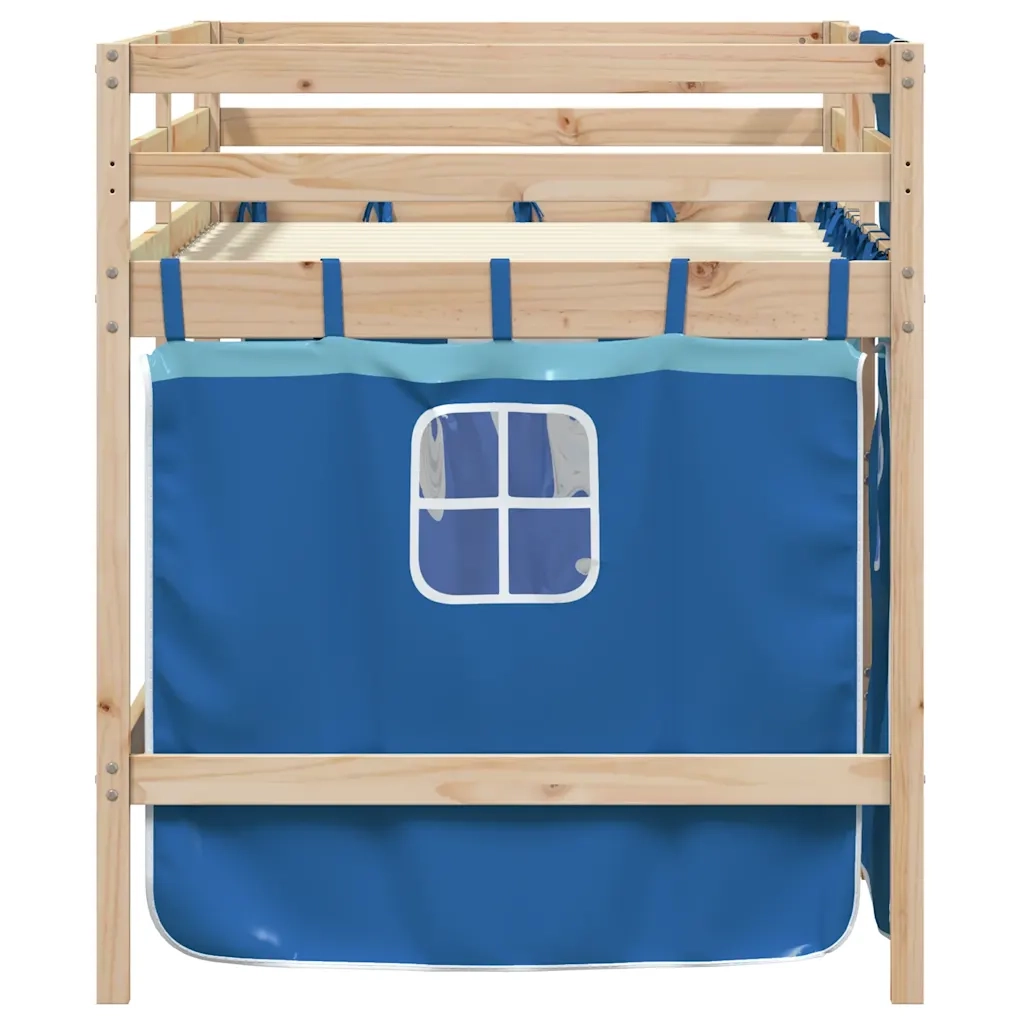 Letto a Soppalco Bambini con Tende Blu 90x190 cm Massello Pino