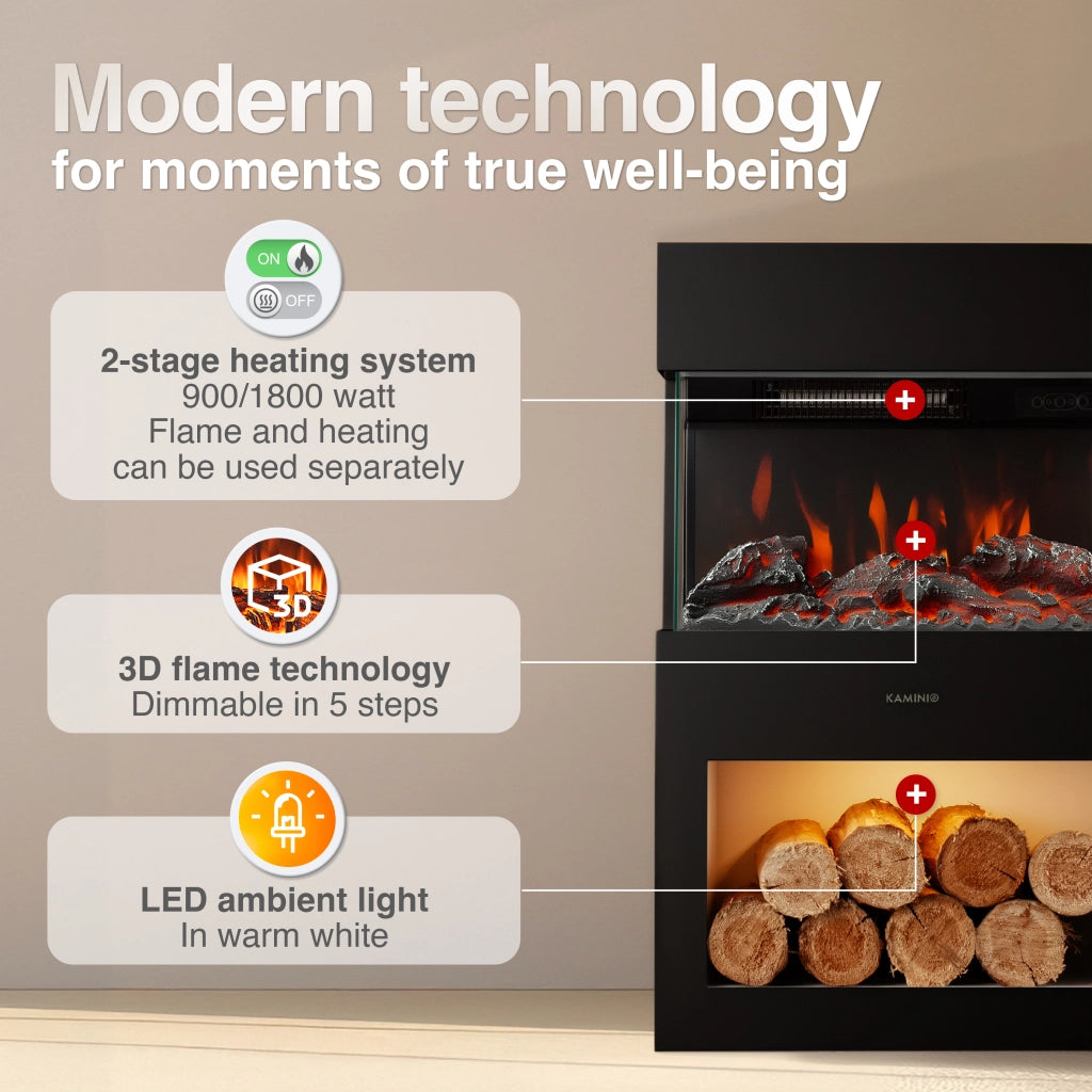 KAMINIO Camino elettrico HENRI - Stufa elettrica con riscaldamento, effetto fiamma 3D, luce ambiente a LED, scomparto de legno, telecomando - Nero