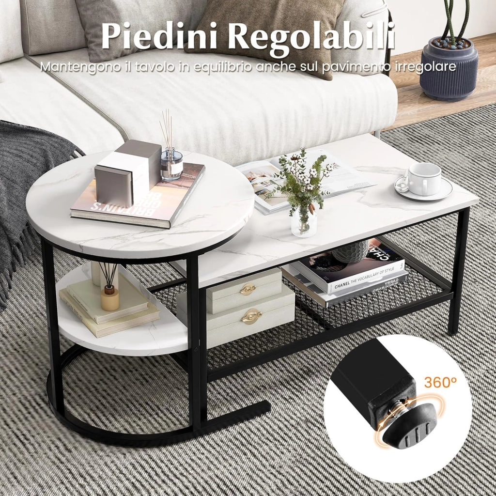 Set di Tavolini da Caffè Componibili, 2 in 1 Set di Tavoli Rimovibili con Piano in Marmo Sintetico, Tavolino Rotondo e Tavolino Rettangolare per Salotto e Camera da Letto (Nero)