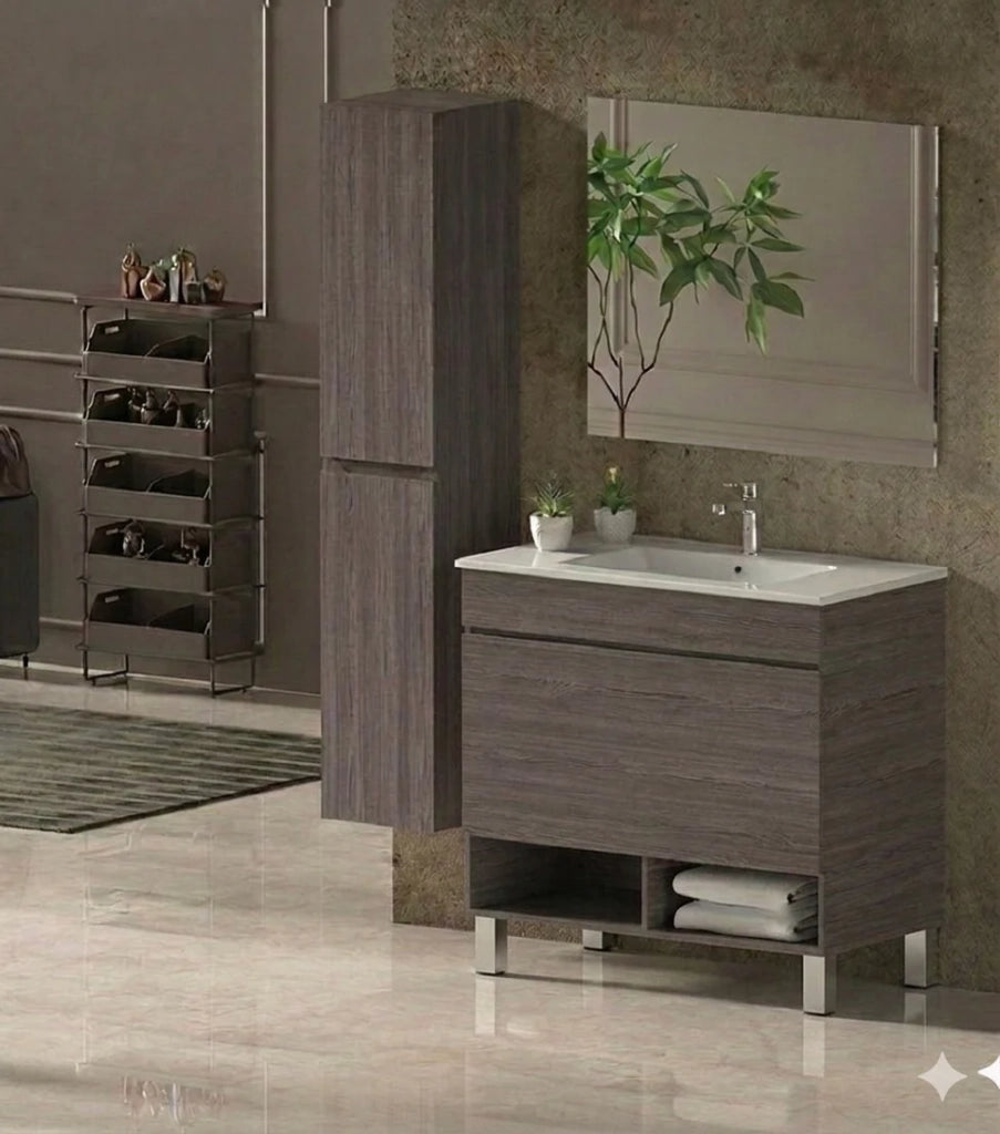 Mobile Bagno NEBARI com gambe Già Montato 1 cassetto, lavabo e specchio Rovere affumicato 100x45 cm con colonna