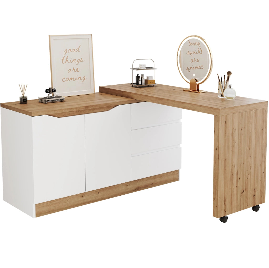 Scrivania pieghevole girevole 120x50x78 cm con 2 ante e 3 cassetti; bianco e rovere; in truciolare