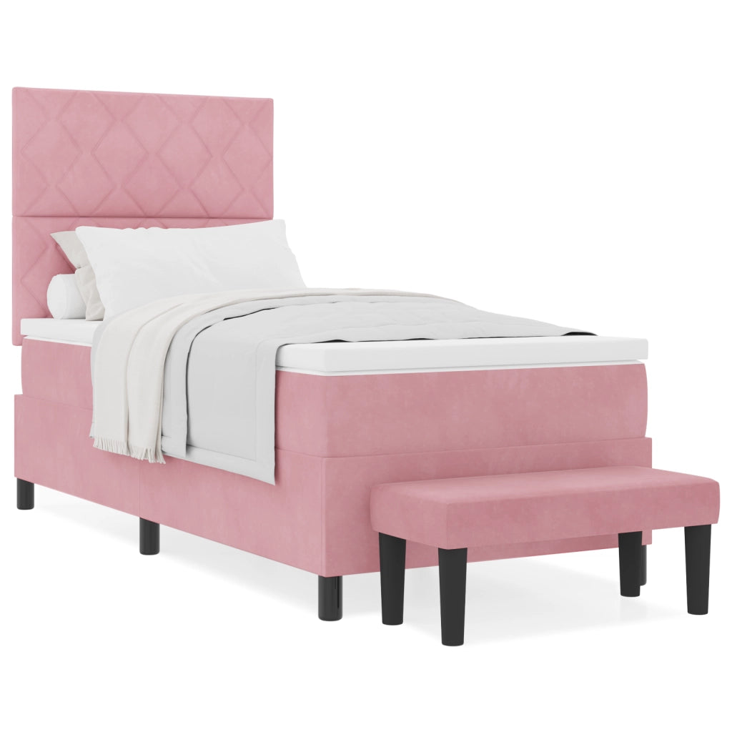 Letto a molle con materasso e panchina rosa 90x200 cm velluto