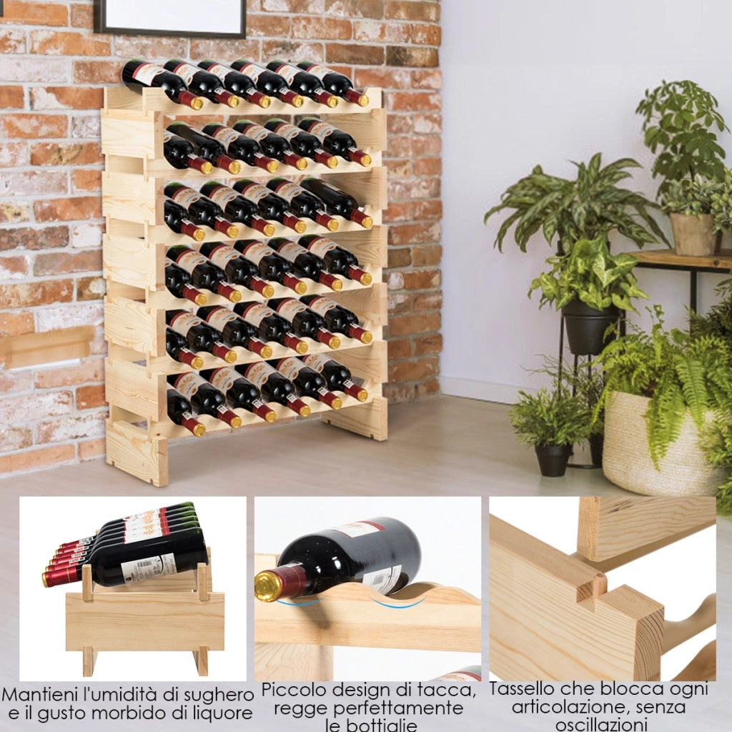 Porta bottiglie con capacit¨¤ 36 bottiglie di vino-Scaffale bottiglie di vino di legno con 6 livelli