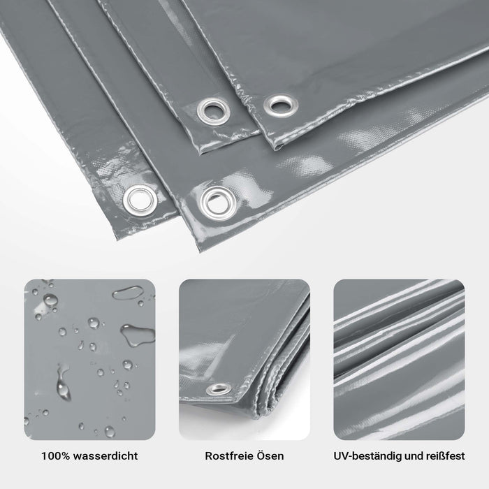 Telone occhiellato grigio 5 x 7 m resistente alle intemperie e a raggi UV, impermeabile, robusto telo di protezione in poliestere 650 g/m² con rivestimento in PVC