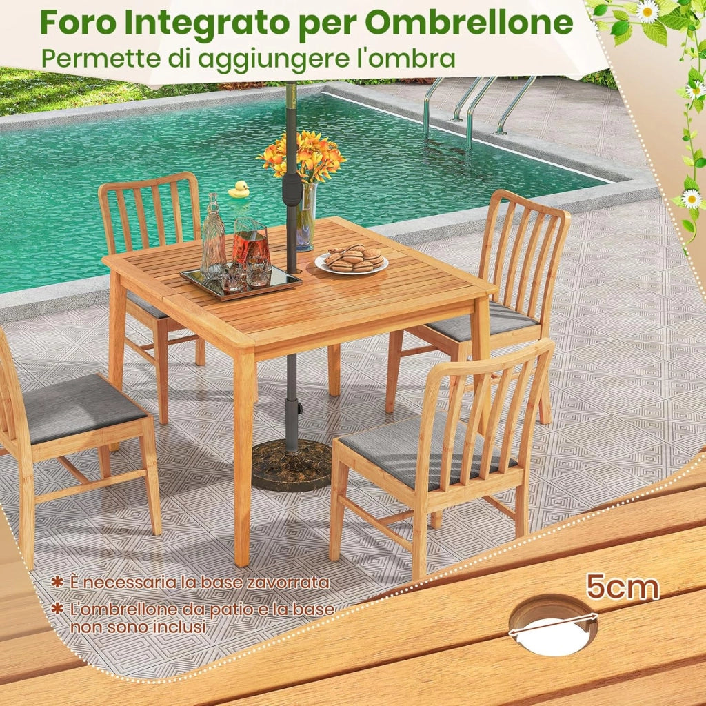 Tavolo da Pranzo Esterno 100 cm, Tavolo Quadrato da Giardino in Legno di Acacia, con Foro per Ombrellone 5 cm, 4 Posti, 100 x 100 x 75,5 cm, Portata 80 kg (100 x 100 x 75,5 cm)