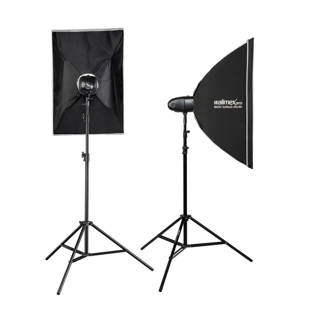 Newcomer 300 Set 2 flash fotografici con potenza di 300 Ws, con radio a 2,4 GHz, softbox 60 x 90 cm e treppiedi per luci, per studio fotografico