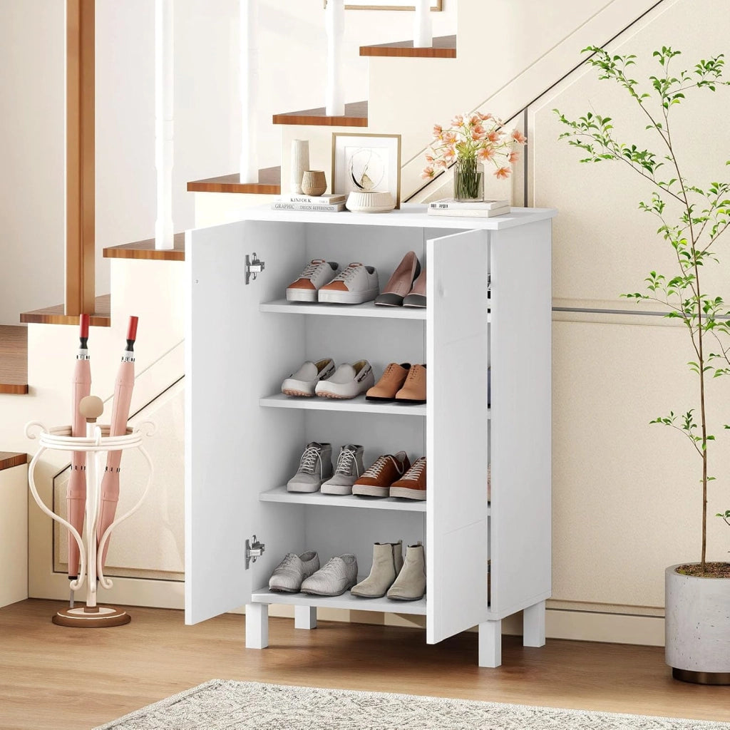 Scarpiera a 4 Ripiani, Mobile Porta Scarpe con Mensole Rimovibili e 2 Ante, Scaffale Portascarpe per Ingresso Soggiorno Camera da Letto, 60x33,5x90 cm