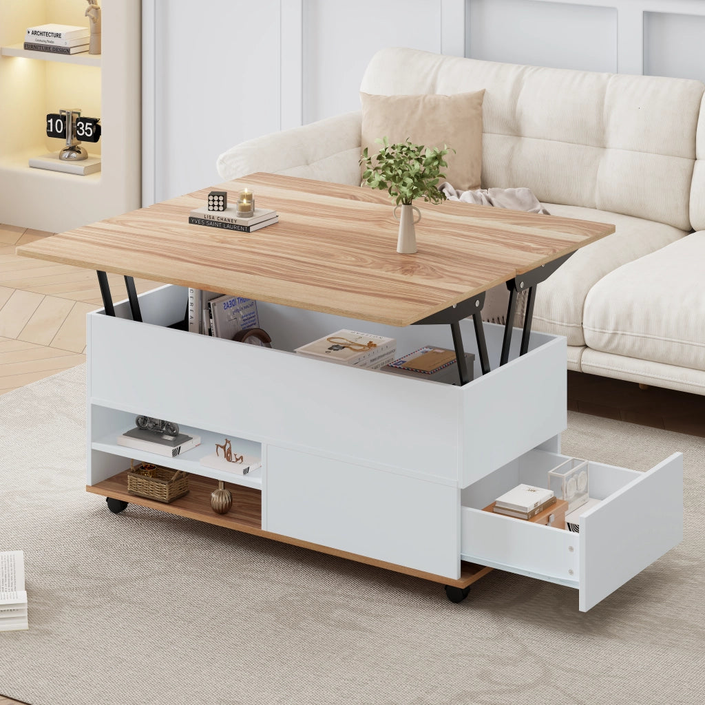 TAVOLO DA CAFFÈ Sollevabile 100 x 98 x 65 cm Bianco e Effetto Legno con Ruote