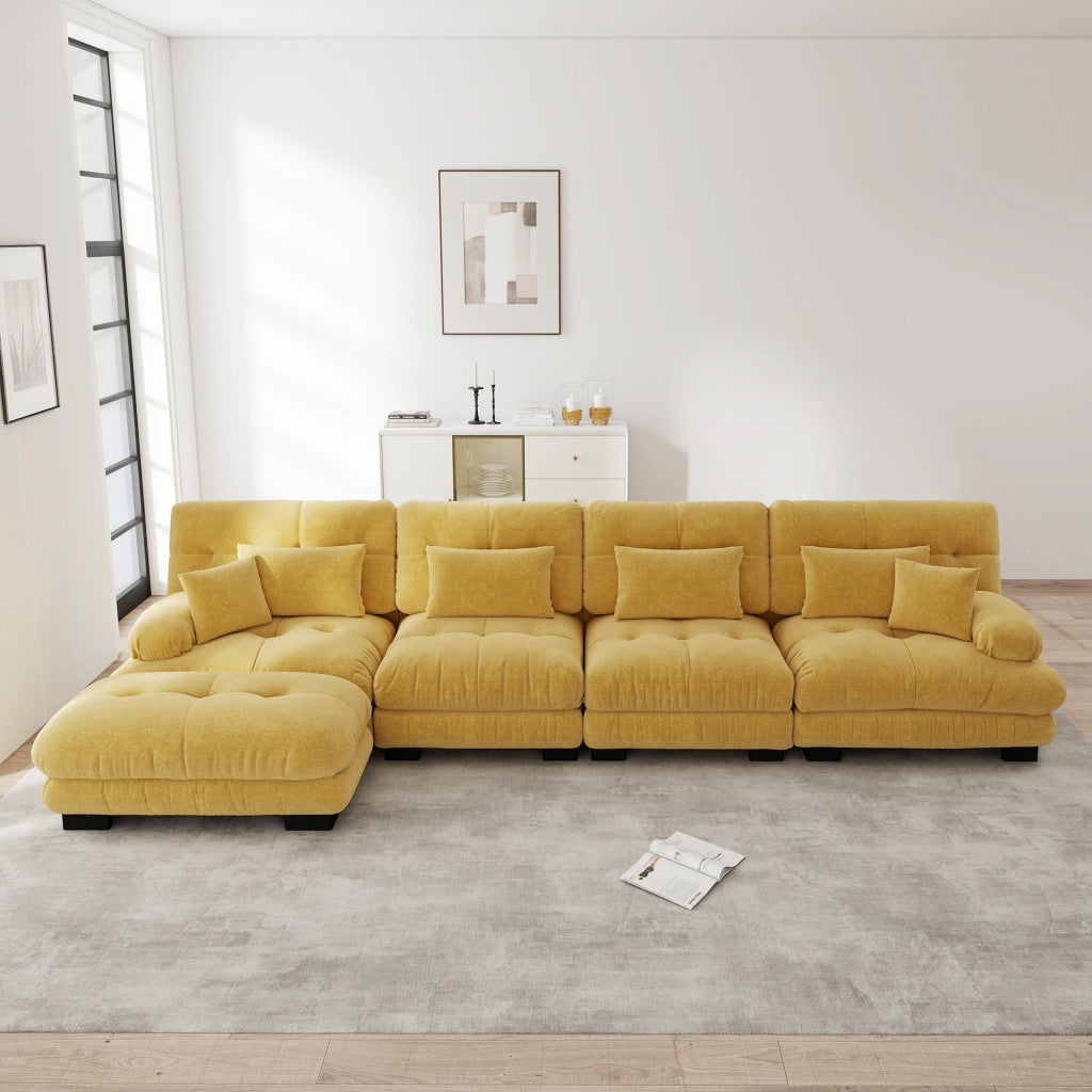 Divano angolare modulare con pouf mobili e seduta cloud per soggiorno in ciniglia gialla 406 × 145 × 81 cm