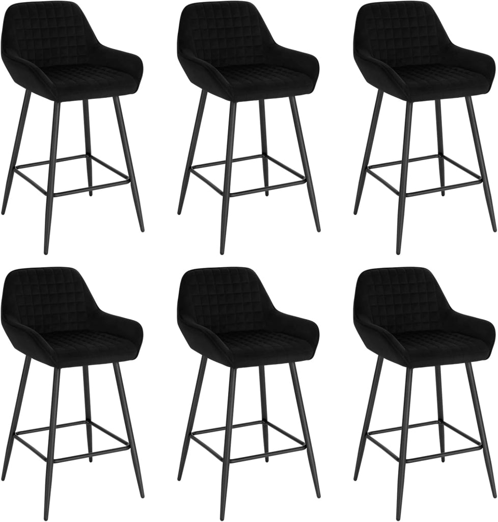 Set di 6 Sgabelli da Bar, Sedie da Cucina, con Schienale & Braccioli, Struttura in Acciaio, Seduta Ampia in Velluto Altezza di 64 cm, Colore Nero BH372sz-6