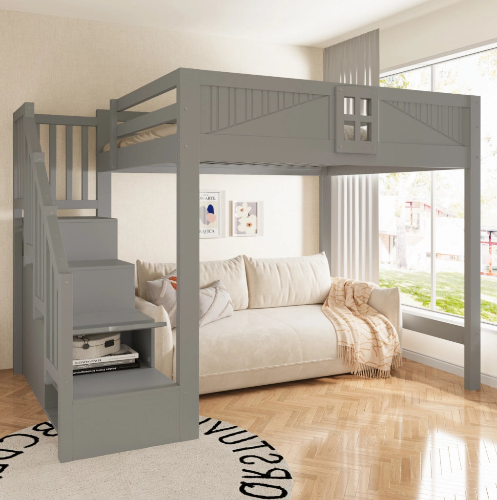 Letto a soppalco 140x200 cm in legno grigio con scala laterale reversibile e vani contenitore